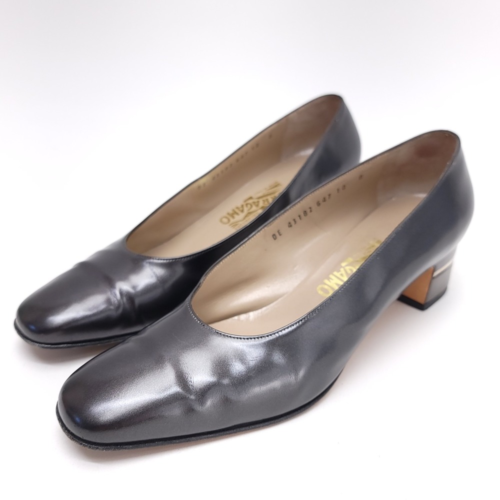 90s Salvatore Ferragamo Baguette Leather Pumps 10 B Square Metallic Chunky Heels